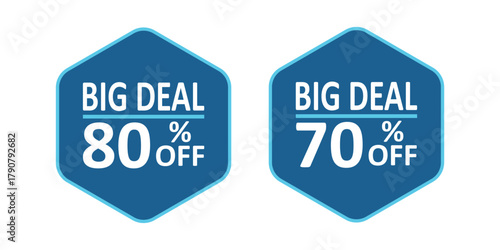 Blue geometric hexagon big deal sale badge with large percentage off text. Clean, modern vector sticker for web and promotions.