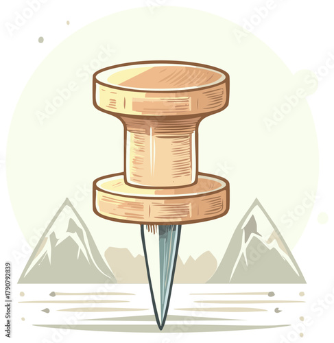 Wooden Push Pin with Mountain Backdrop Sharp Steel Point Tack Office Supply Vector