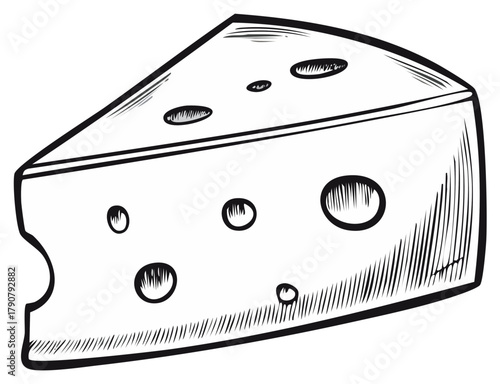 Hand drawn wedge of cheese with holes vintage style black and white illustration