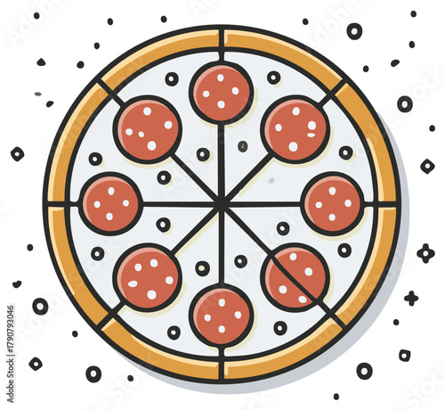 Cartoon Style Pepperoni Pizza Illustration, Round Crust with Eight Slices and Circles