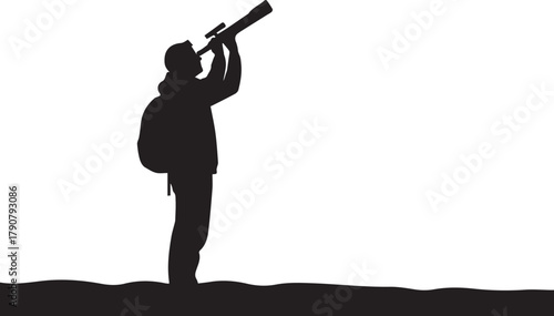 Silhouette of person with backpack looking through telescope observing distant horizon