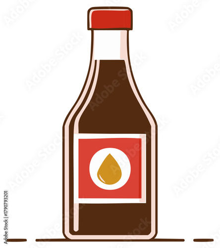 Bottle of dark sauce with droplet label, condiment bottle illustration