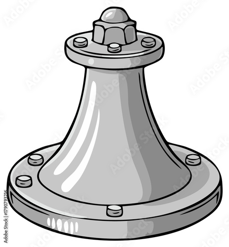 Stylized grey metal industrial connector or pipe fitting with bolts and flanges illustration