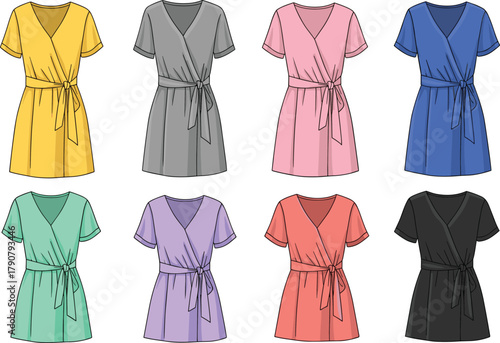 Women’s wrap dress illustration, short sleeve design, V-neck style, tied waist detail, color variations, fashion mockup, apparel vector, casual wear, garment sketch