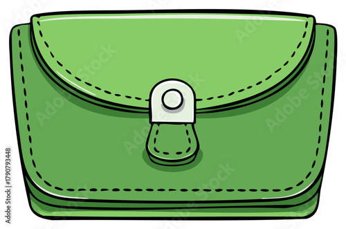 Cartoon style green flap bag illustration, with stitch detail and white clasp, fashion and design