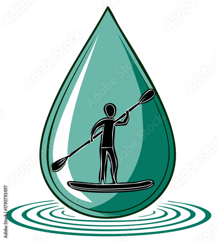Paddleboarding Figure Within Water Droplet Over Concentric Ripples -  Water Sports Illustration Icon Concept