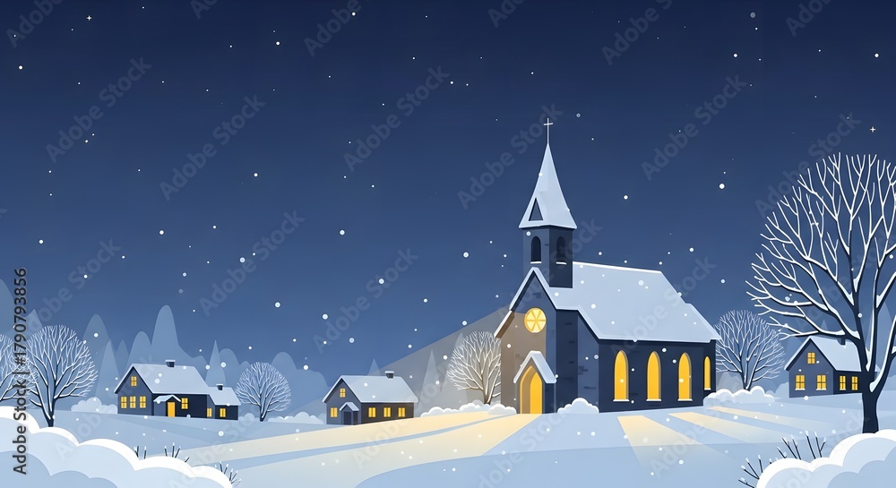 Fototapeta premium Snowy village landscape with an illuminated church on a starry winter night