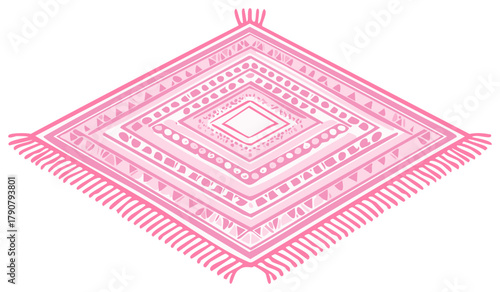Bohemian pink rug or blanket illustration with intricate geometric patterns and tassels