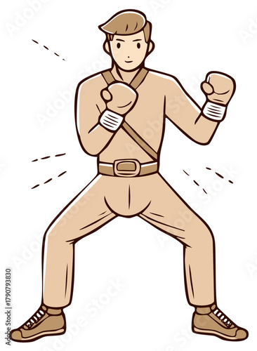 Cartoon Boxer Character in Boxing Stance with Gloves and Uniform Ready to Fight for Competition