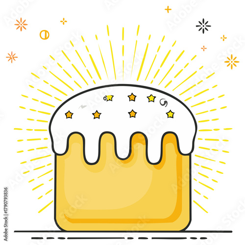 Festive Easter cake with white icing and bright yellow sparkles.