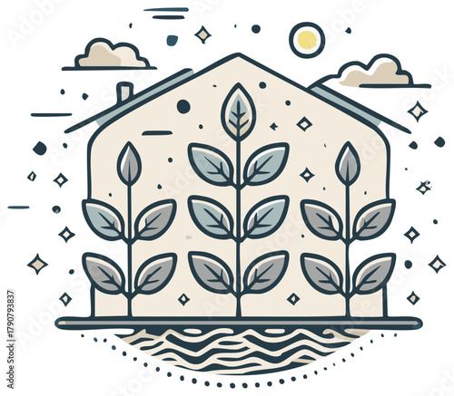 Stylized House with Plants and Foliage Cultivating Growth Symbolizing Nature's Harmony and Sustainable Living
