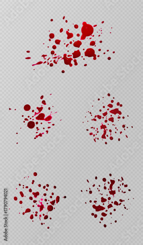Collection of blood splats isolated on transparent background. Set of red decorative splashes. Crime scene decorations. Red spots. Watercolour splashes. Art decorations.Vector illustration.