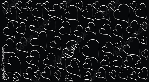 romantic hand drawn heart doodle pattern on black background, minimalist white heart outline wallpaper design, seamless love heart background with romantic doodle art