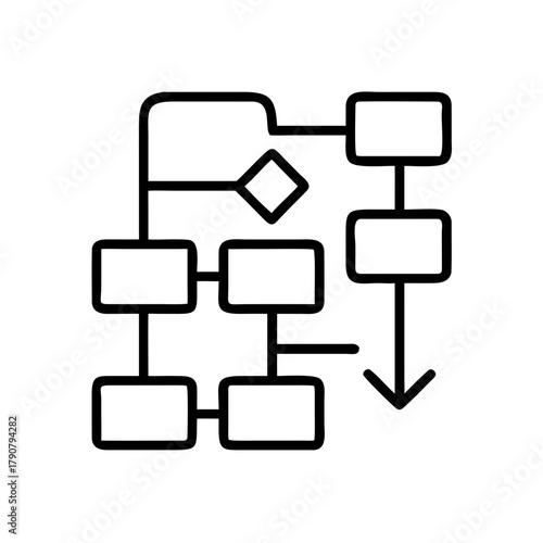 Workflow diagram in minimalist style with interconnected flowchart boxes  