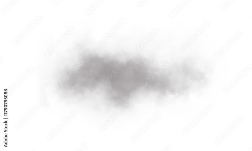 Fototapeta premium Soft gray smoke cloud texture isolated on white background, light mist or fog effect for digital design, airy dust and vapor overlay, abstract atmospheric illustration element.