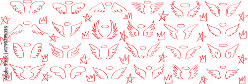Sketch angel wings. Doodle bird wing logo, hand drawn heaven symbol with halo collection of detailed red butterfly outlines and abstract symmetrical patterns, resembling intricate designs and motifs.
