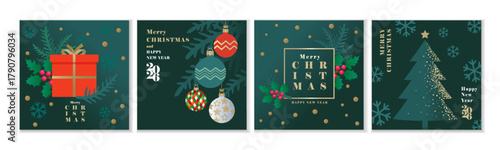 Happy Holidays and Merry Christmas greetings card set. Xmas gift, holly berry and christmas tree. Happy New Year 2026, trendy vector design for season poster or banner