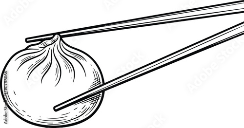 Dumpling with chopsticks black and white asian food illustration vector
