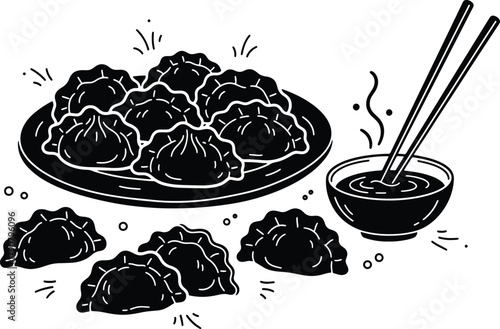 Dumplings on a Plate with Chopsticks and Sauce Asian Cuisine