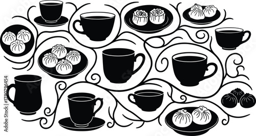 Elegant black and white pattern with cups and dumplings graphic design