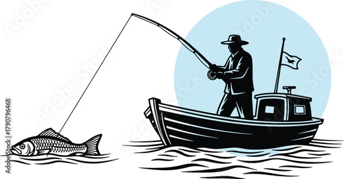 Fisherman angling from boat catching big fish vector illustration art