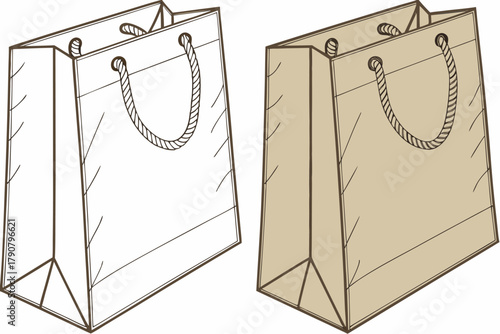 Vector mockup of white and brown kraft paper shopping bags with handles, isolated on white background for retail branding.