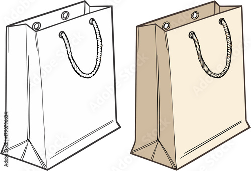 White and brown kraft paper shopping bags with handles, retail carrier mockup, isolated on a transparent background, PNG vector illustration.