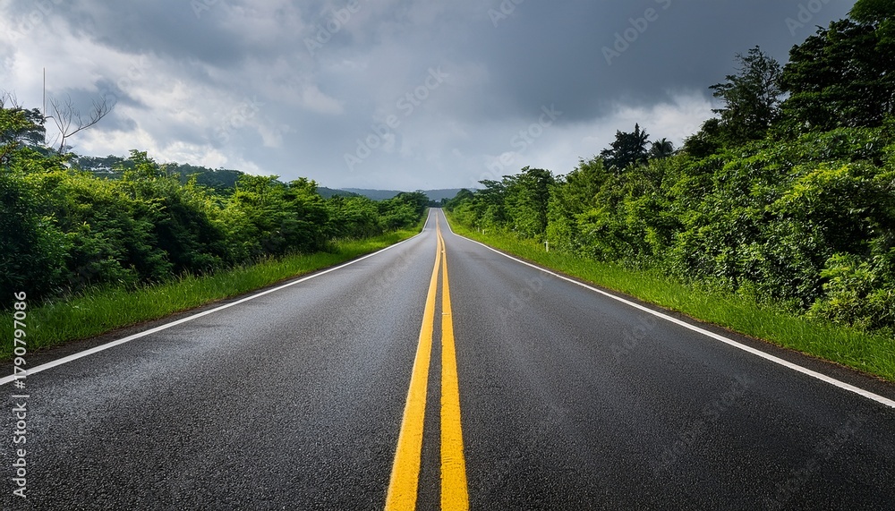 Naklejka premium country road with yellow lines and lush greenery
