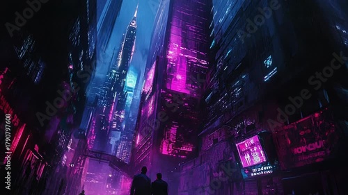 People walking through futuristic cyberpunk city street at night