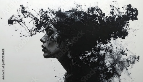 Profile of a woman with flowing, smoky black accents dissolving into the background, creating an ethereal portrait