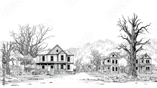 Devastated Houses Confronting Fire & Natural Calamities, Vector Illustration