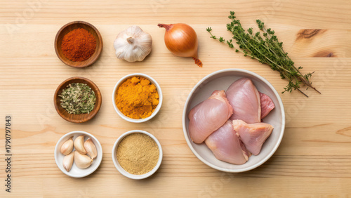 Spice herb garlic onion curry chicken paprika turmeric thyme oregano Jamaican curry chicken prep with garlic onion thyme turmeric paprika