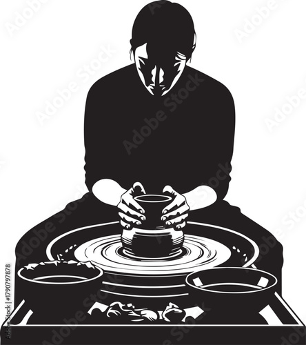 Silhouette of a person skillfully shaping clay on a pottery wheel with focused concentration