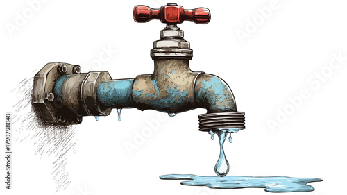Leaking Water Pipe and Damaged Dripping Fitting Vector Illustration