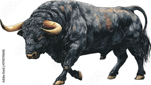 Majestic Black Bull with Enormous Horns Vector Illustration