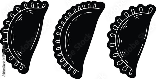 Illustration of three perogies black and white for culinary use