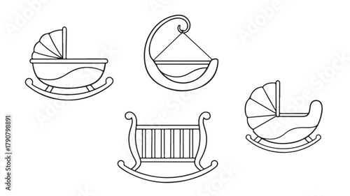  Collection of four hand drawn baby cribs and cradles in a simple outline sketch style for design