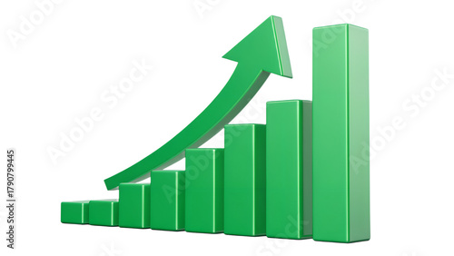 Upward green arrow with 3D bar chart, isolated on transparent background, clean edges.