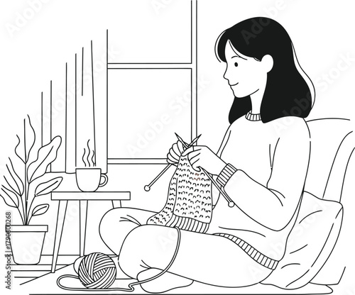 Woman knitting by the window on a snowy day enjoying a warm cup of tea indoors