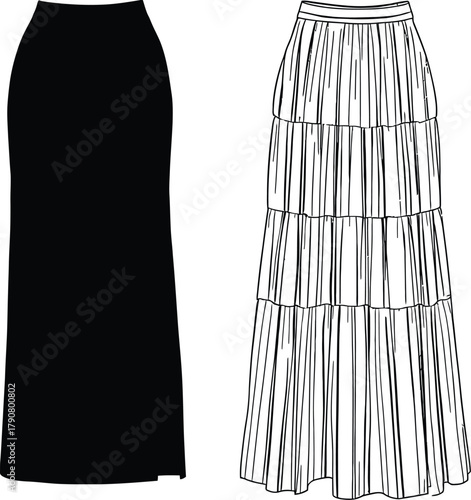 Black and White Skirt Silhouette Set Featuring a Fitted Maxi Skirt and Tiered Pleated Skirt – Minimalist Line Art for Fashion, Apparel, and Wardrobe Design