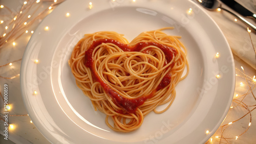 spaghetti heart plate white dish tomato sauce pasta love romance dinner glow bokeh festive cozy