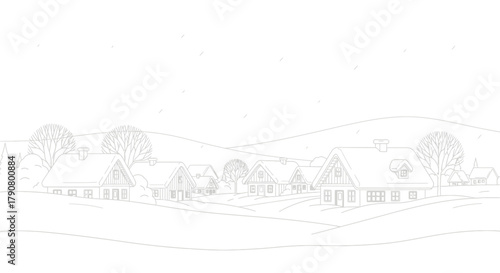 Snowy village landscape with houses and trees in a winter scene drawing