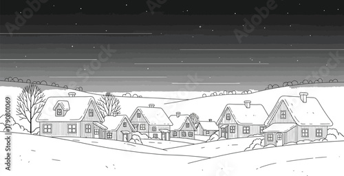 Snowy village scene at night with stars in the sky in black and white style