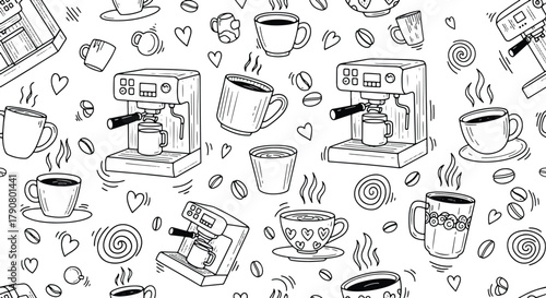 Seamless pattern of coffee illustrations with coffee machines and cups