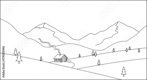 Cozy cabin nestled in a snowy mountain landscape with rising sun illustration