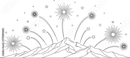 Mountain range silhouette with fireworks and stars in a celebratory design