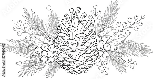 Detailed line art of a pinecone with berries and evergreen branches design