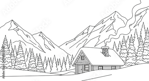 Cozy cabin nestled in a snowy mountain landscape with smoke rising gently