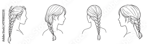 Four different hairstyles of a woman's head. The hairstyles are braids, a ponytail, a bun, and a braid