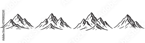 A series of mountains are shown in black and white. The mountains are all different sizes and are positioned in a row. Concept of awe and grandeur, as the mountains tower over the viewer
